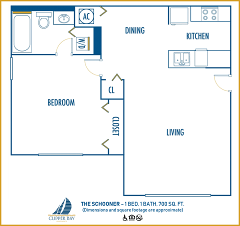 One bedroom floor plan at Clipper Bay, Tampa, FL, 33616